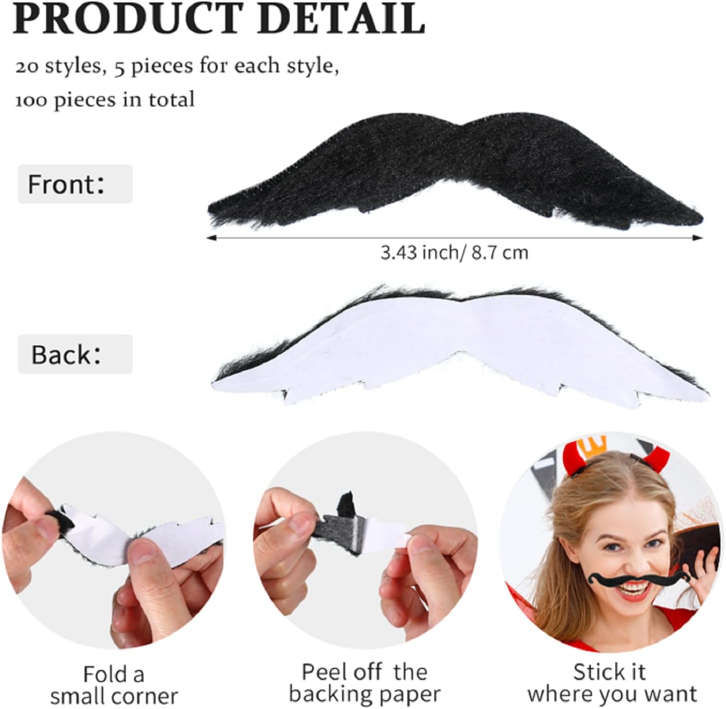 Jexine 100 Pcs Self Adhesive Fake Mustaches 20 Styles