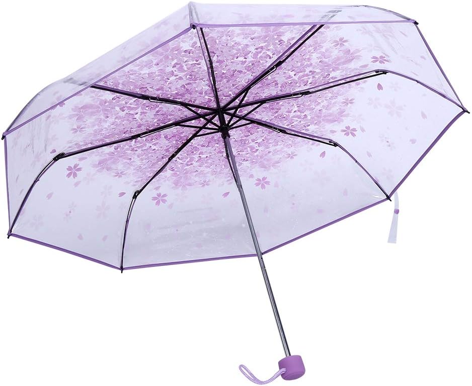 Tiiyee Clear Folding Purple Cherry Blossom Umbrella for Women Girls Kids