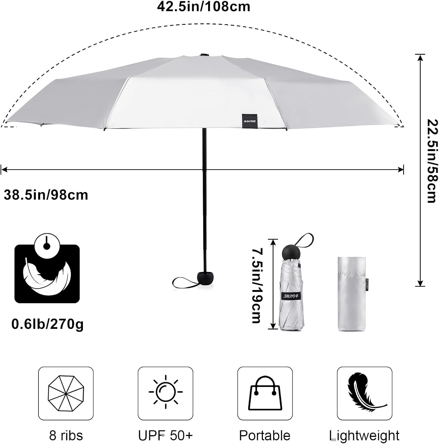 G4Free Compact UV Umbrella UPF 50 Windproof for Travel