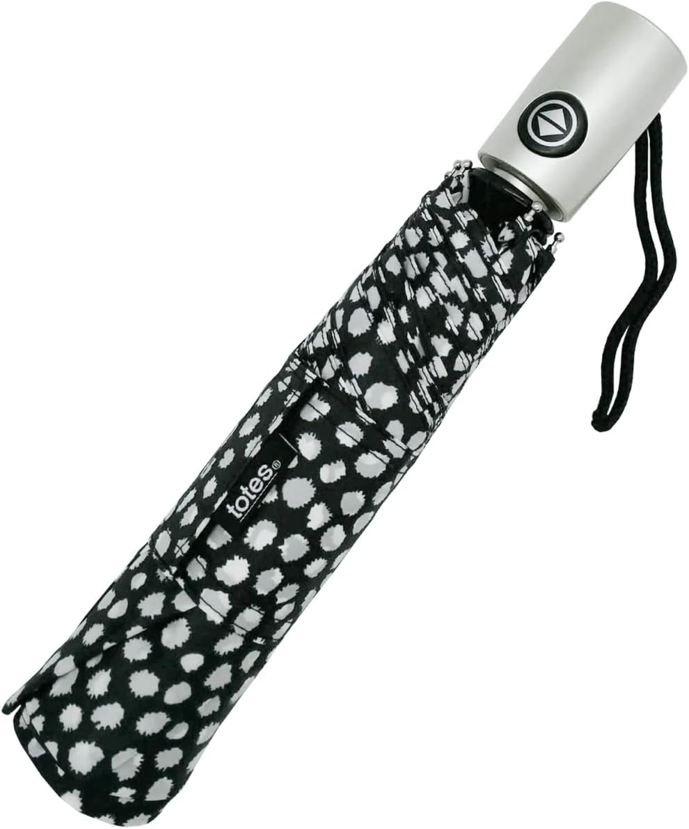 Totes Auto Open Close Umbrella with NeverWet Tech Black White Dots 43 Arc