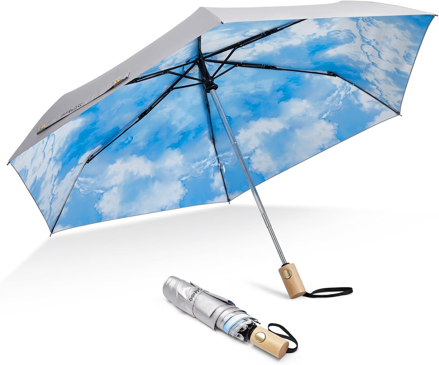 G4Free UPF 50 Sun Rain Travel Umbrella with Wooden Handle