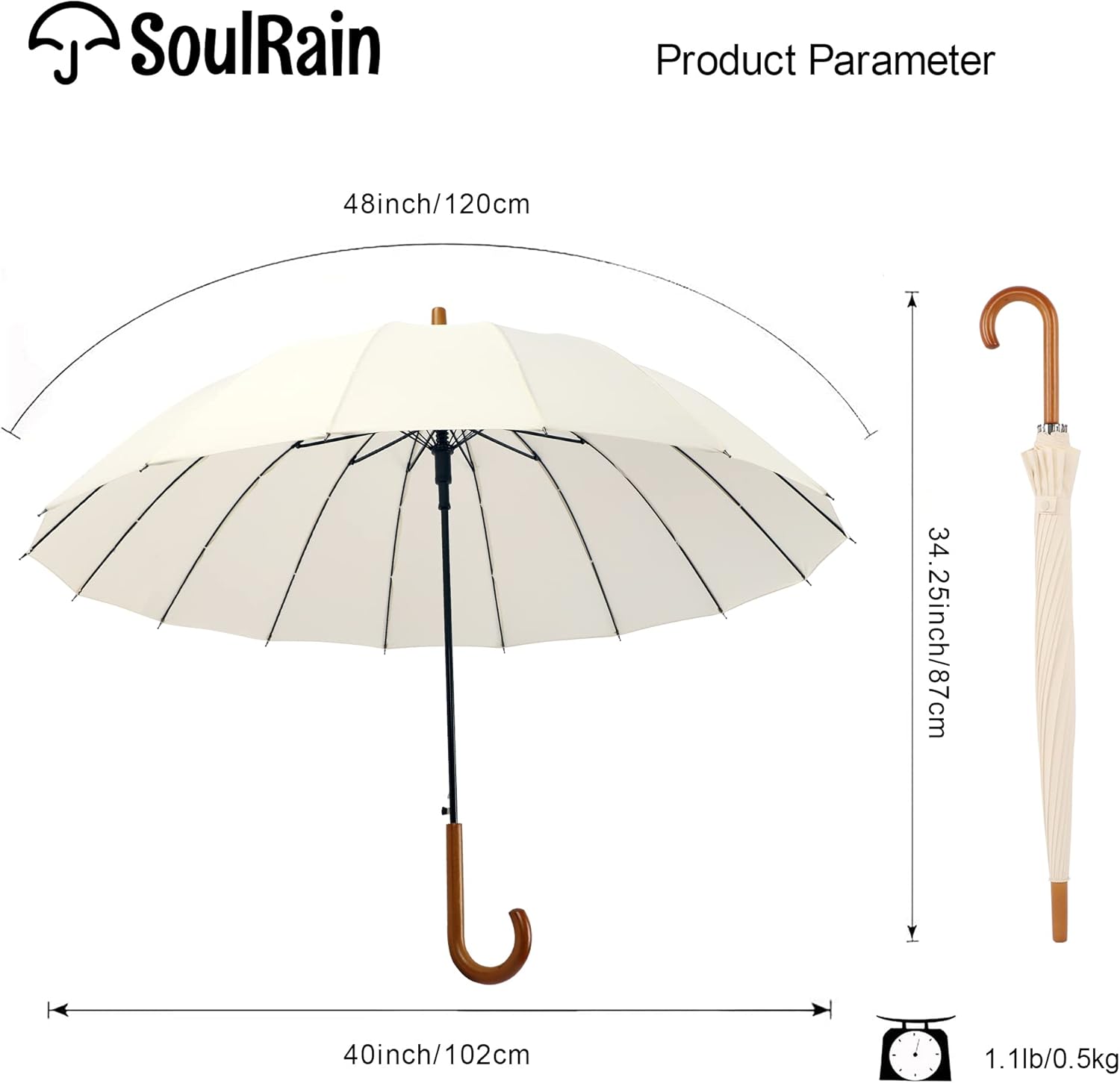 SoulRain 48 Auto Open Stick Umbrella with Classic Wood Handle