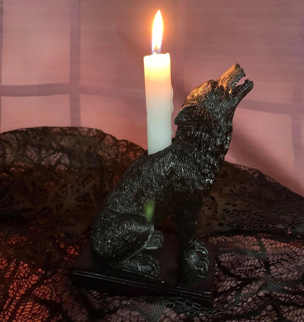 Dark Gothic Halloween Candlestick Holder with Wolf Figurine