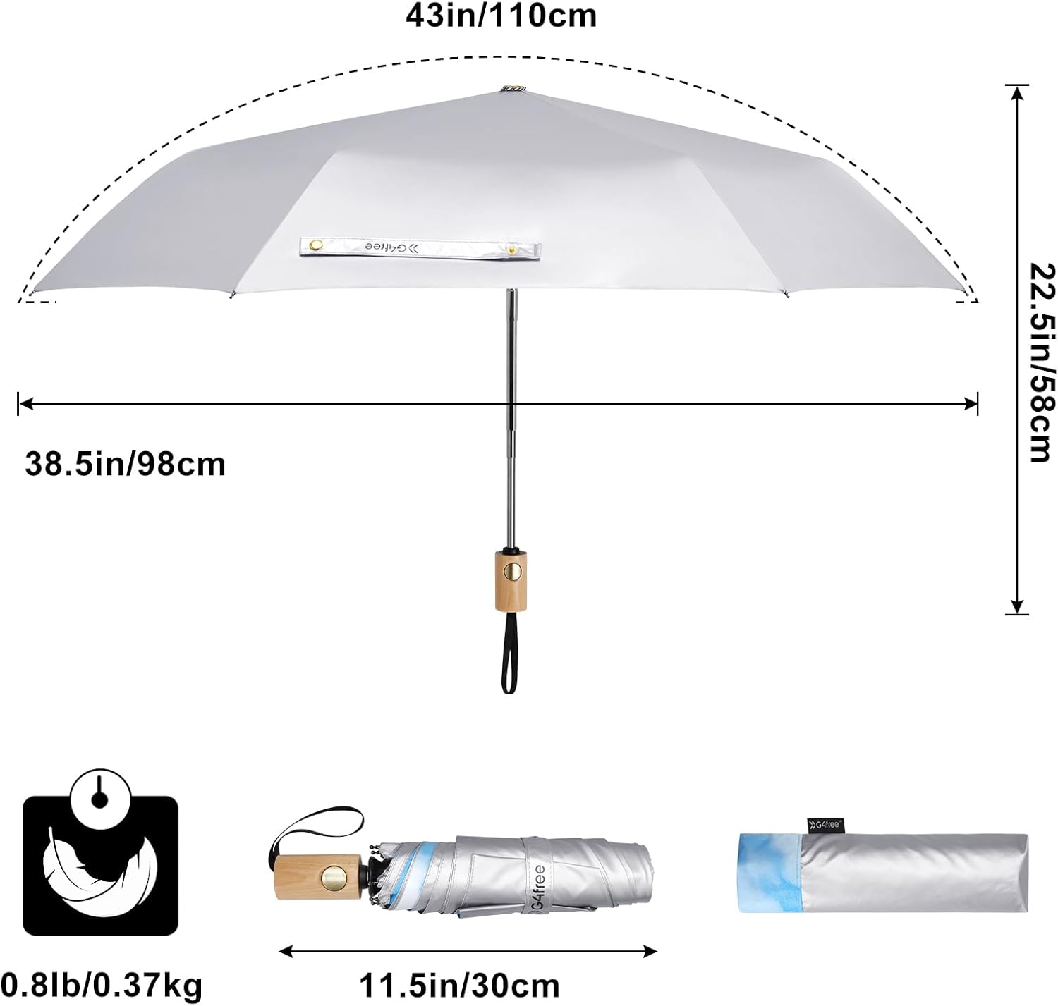 G4Free UPF 50 Sun Rain Travel Umbrella with Wooden Handle