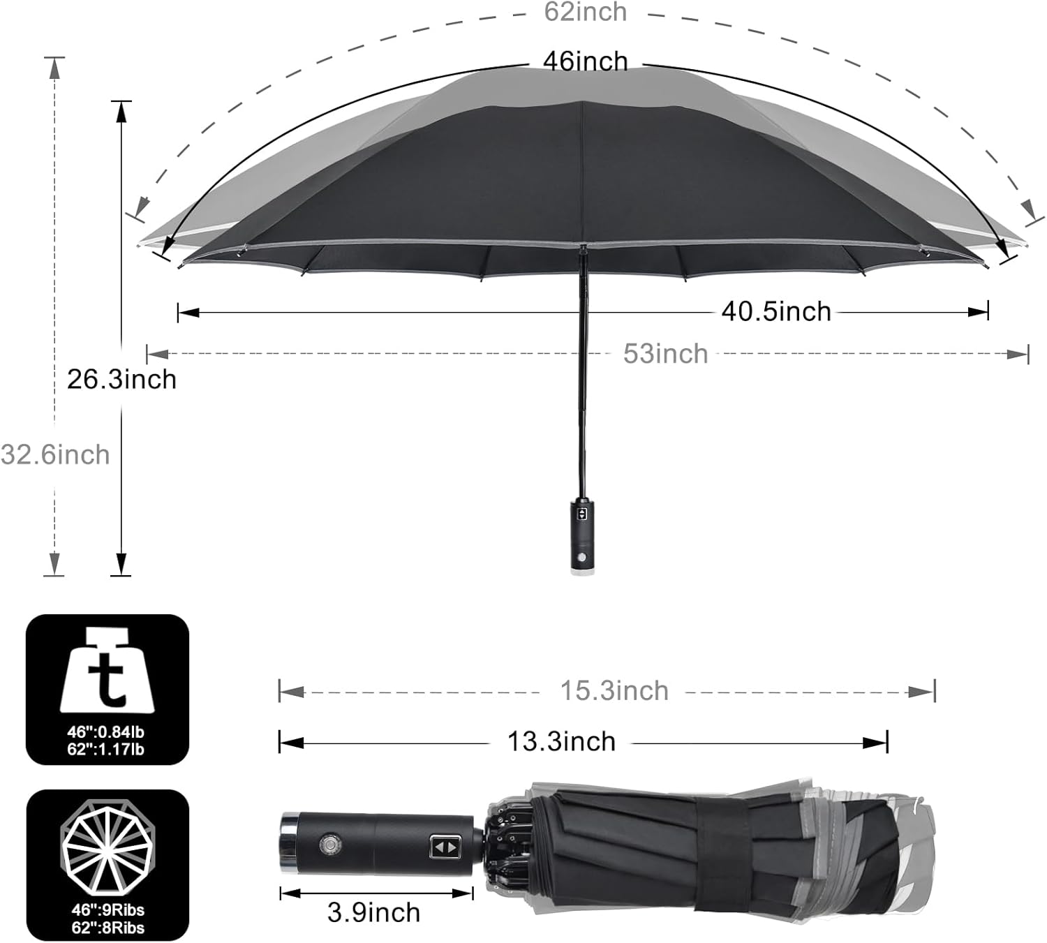 Lejorain Inverted Folding LED Umbrella - Auto Open Close