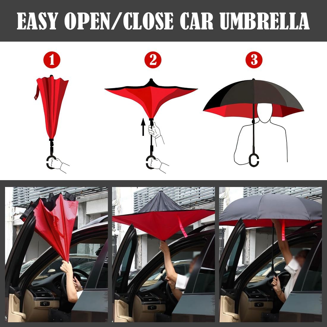 Inverted Reverse Umbrella with C-shaped Handle for Rain