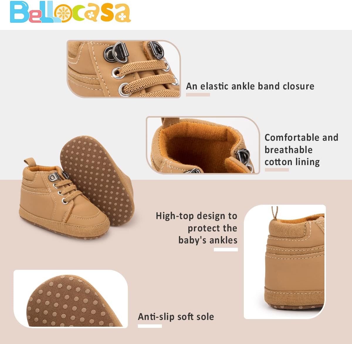 Bellocasa Baby High-Top Ankle Sneakers Non-Slip Soft Sole