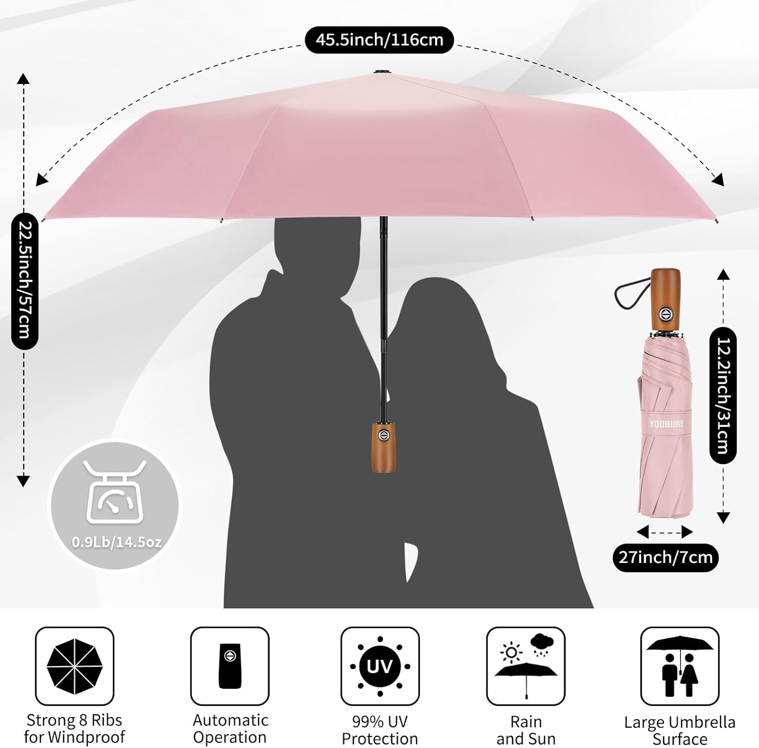 Yoobure Windproof Travel Umbrella with Wooden Handle