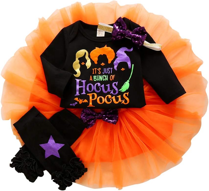 Baby Girl Halloween Pumpkin Romper with Tutu Skirt and Leg Warmers 1