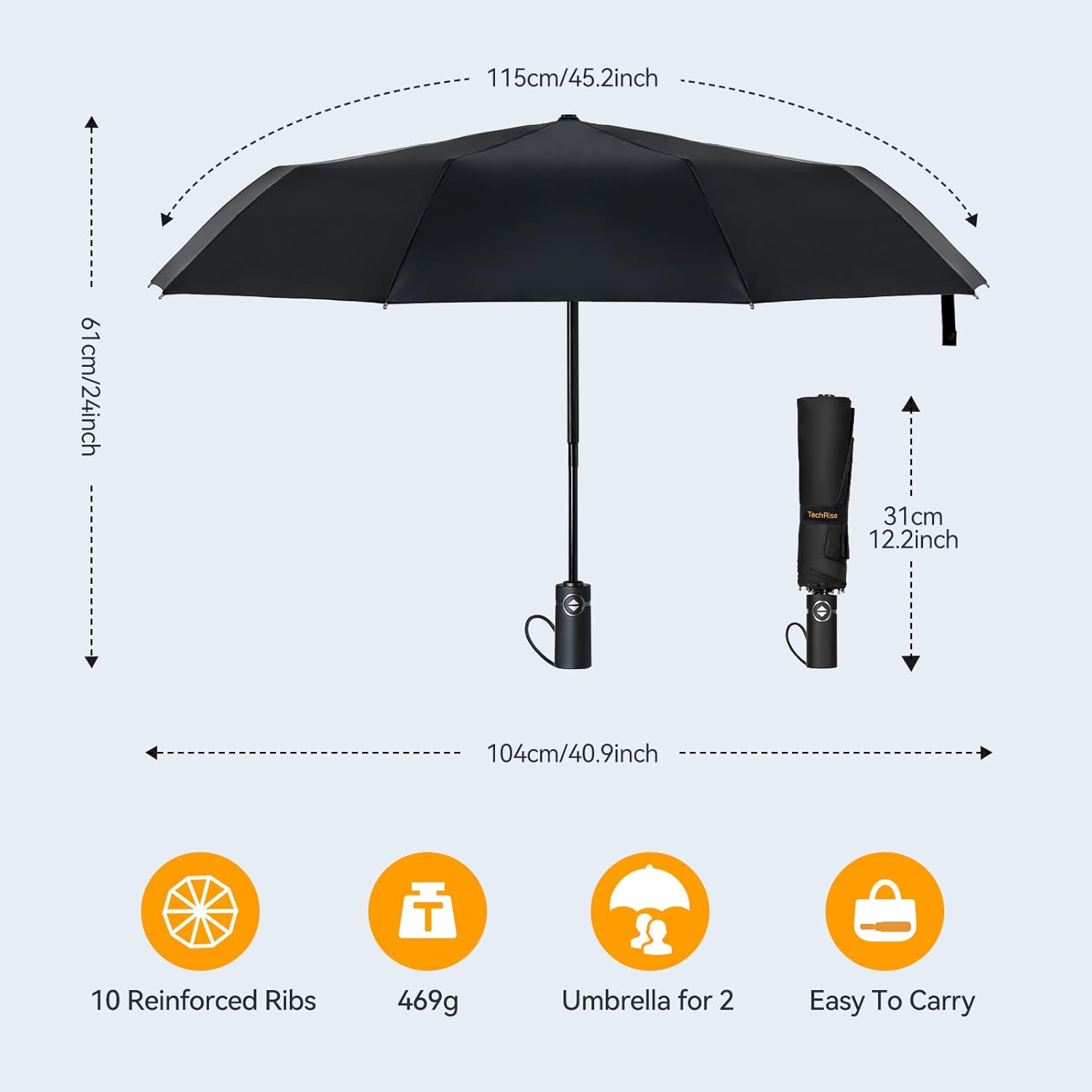 TechRise 10 Rib Windproof Folding Umbrella