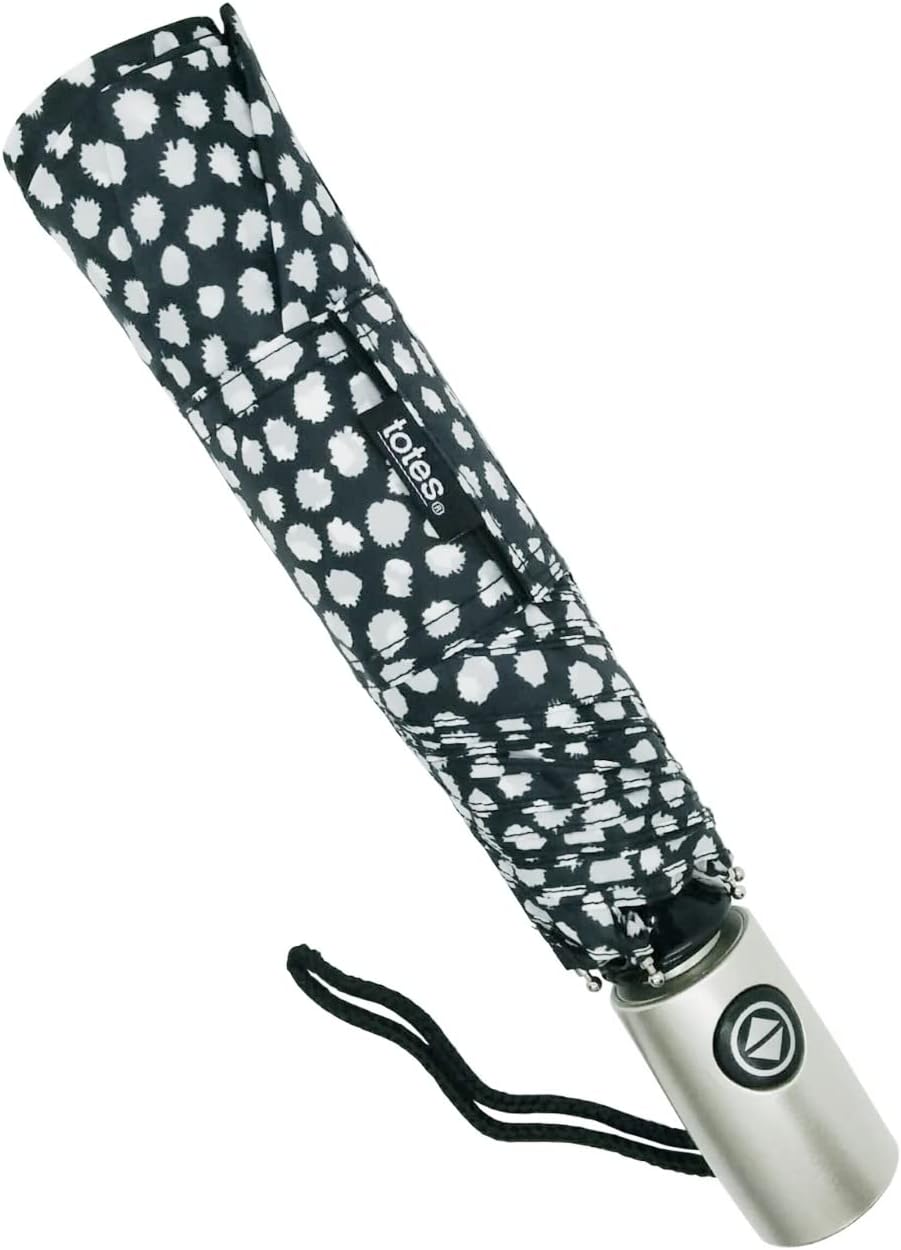 Totes Auto Open Close Umbrella with NeverWet Tech Black White Dots 43 Arc