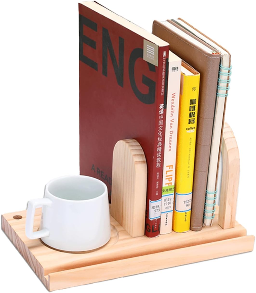 MEGREZ Wood Bookend Stand with Cup Holder and Pen Slots