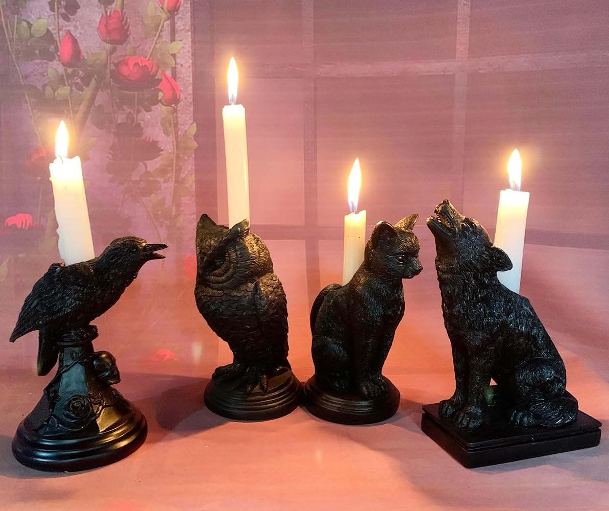 Dark Gothic Halloween Candlestick Holder with Wolf Figurine