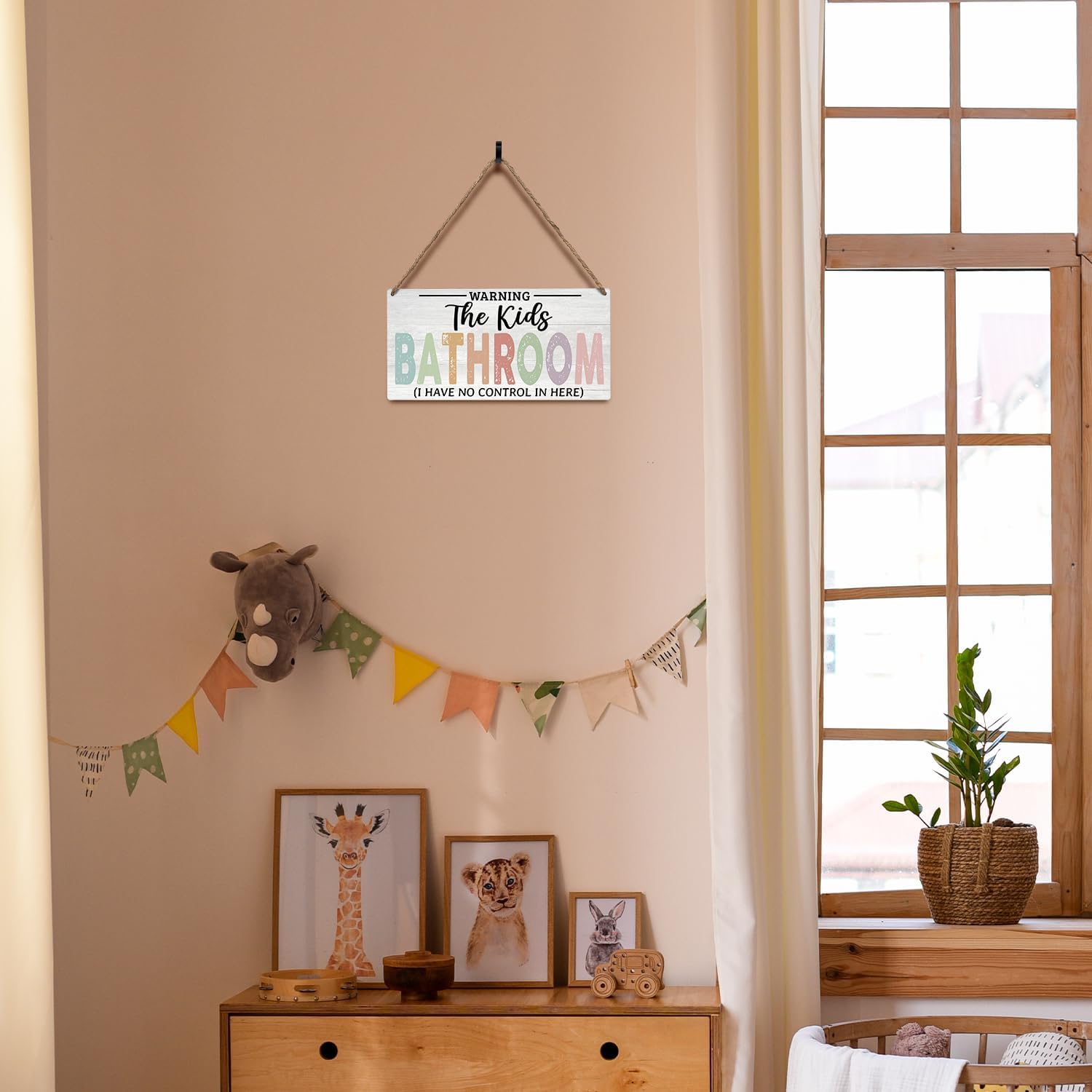 JXREQ Wooden Bathroom Signs 12x6 Inch for Kids
