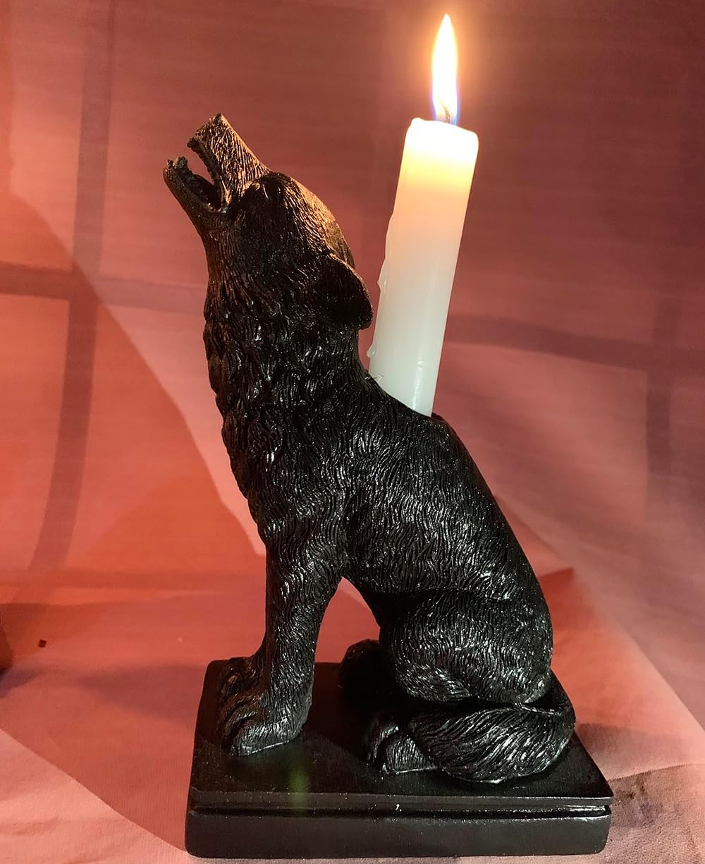 Dark Gothic Halloween Candlestick Holder with Wolf Figurine