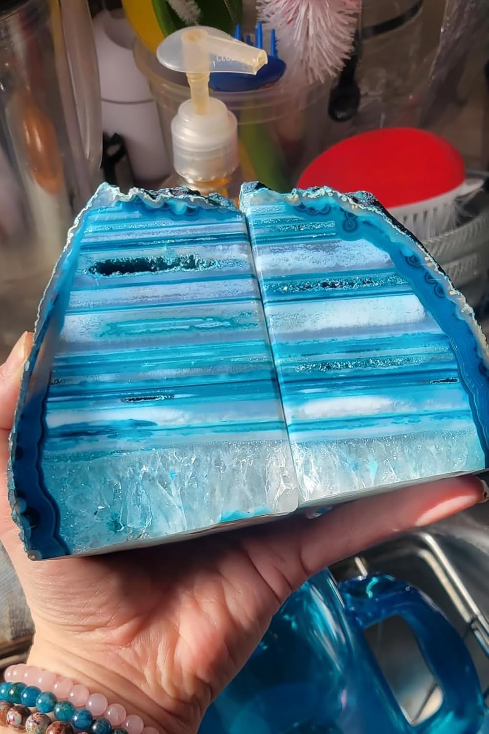 AMOYSTONE Teal Agate Geode Bookends 2-3 LBS with Rubber Bumpers