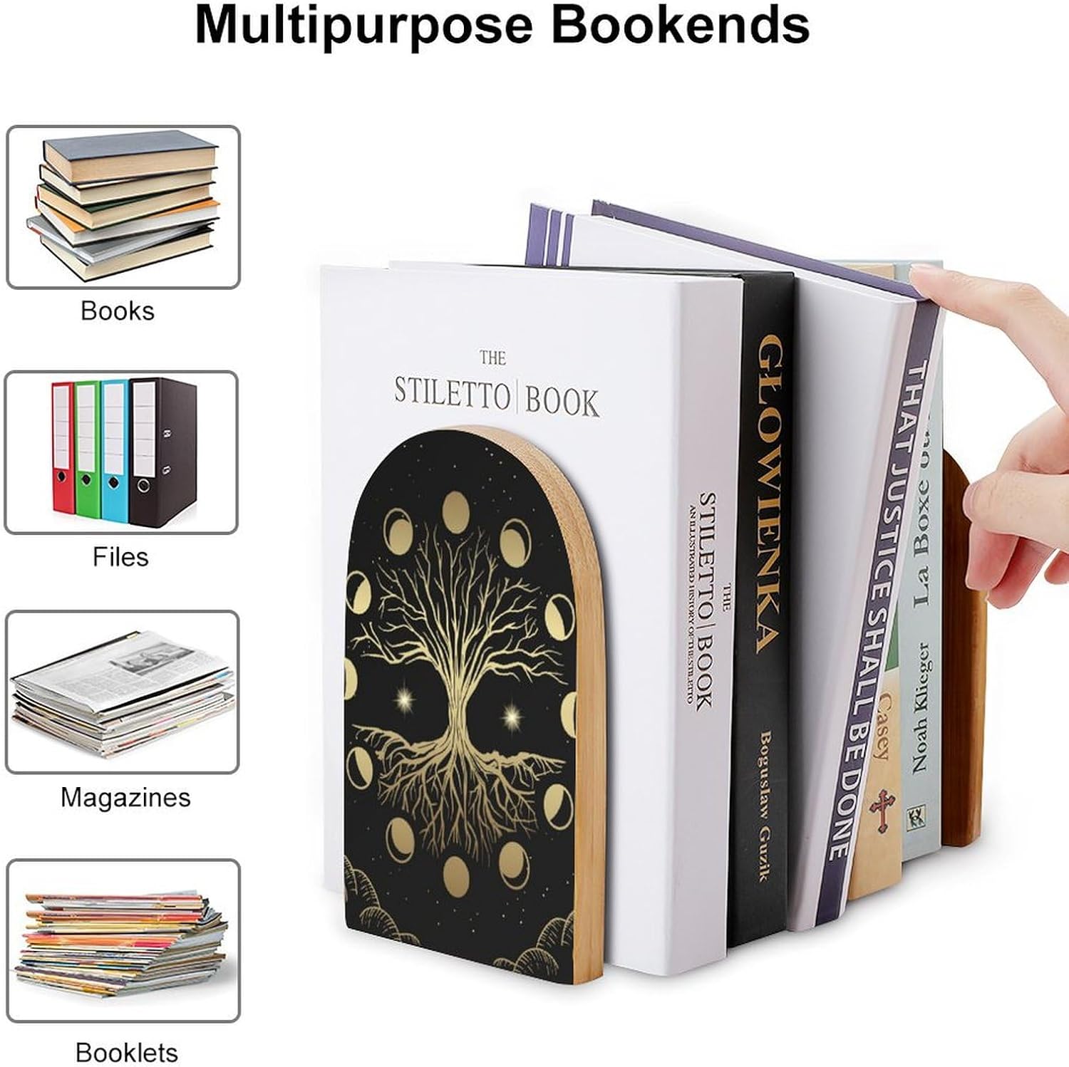 Sacred Tree Life Moon Print Bookends with Non-Skid Pads 1 Pair
