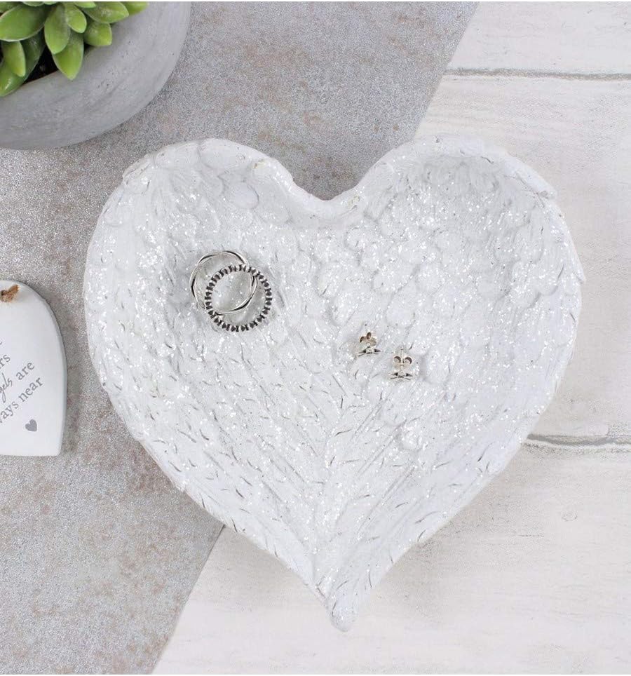 White Glitter Heart Angel Wing Trinket Dish - Elegant Decor