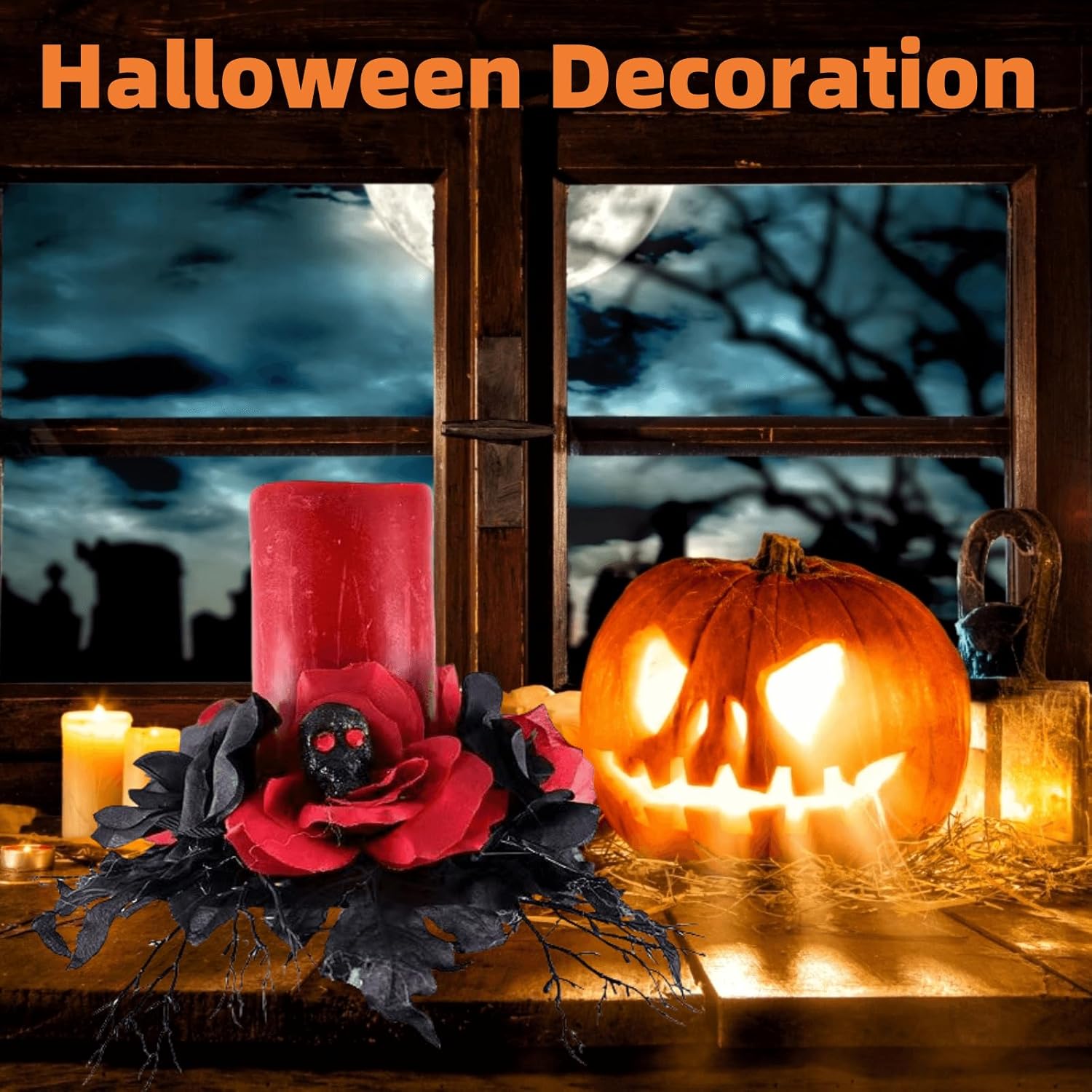 Gothic 16-Inch Skull Candle Holder with Red Rose