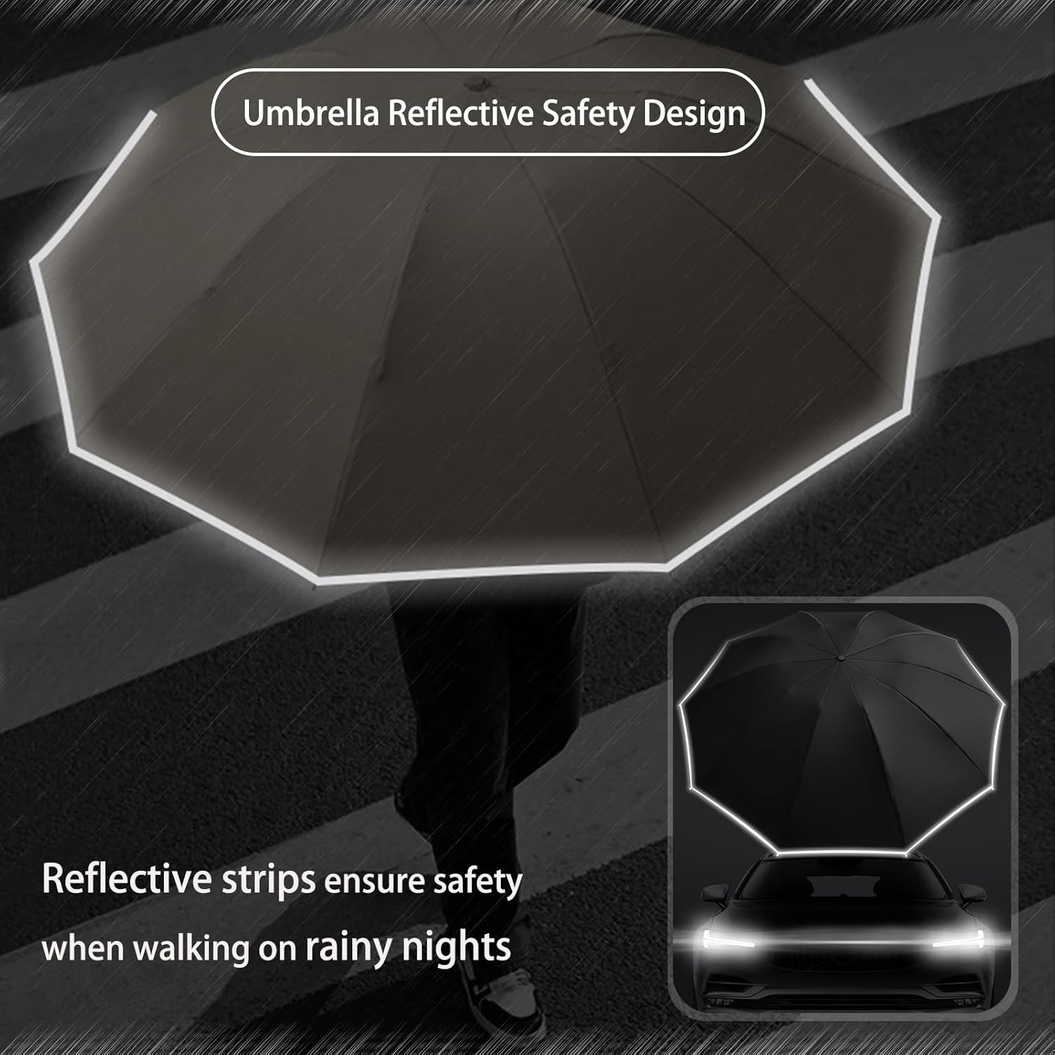 SSFUN Ring Buckle Fully Automatic Umbrella - Windproof and Reflective Safety Black