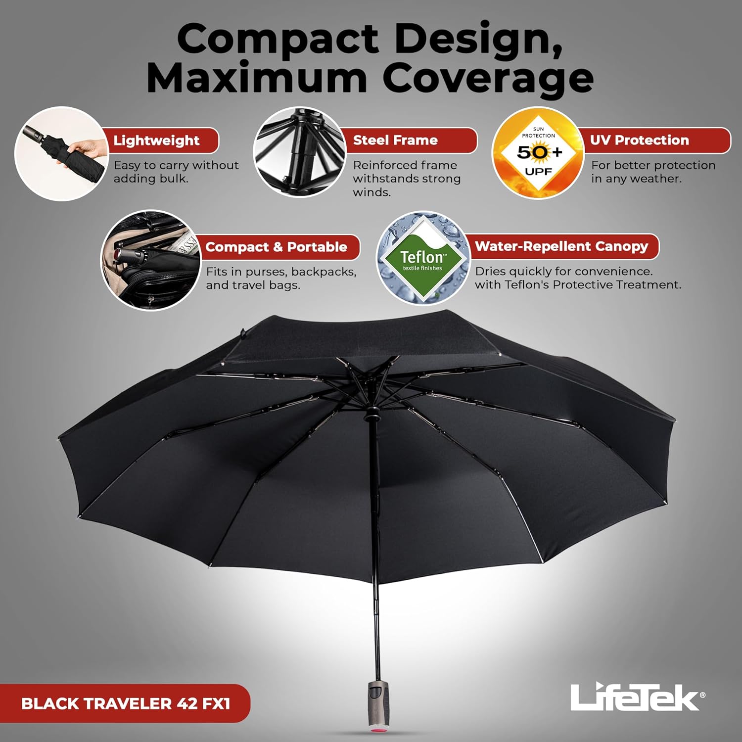 LifeTek Windproof Travel Umbrella - Compact Automatic UV Protection