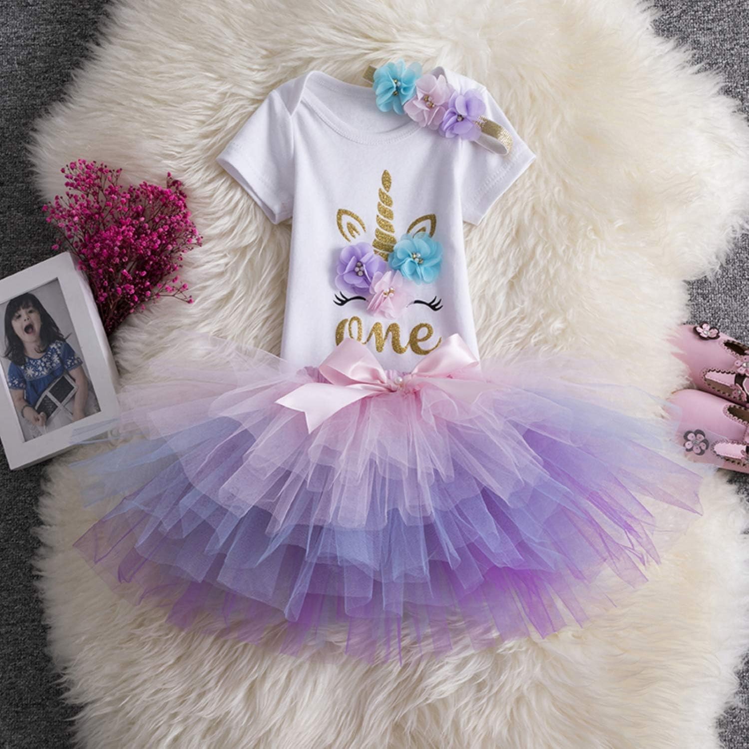 NEWEPIE Rainbow Unicorn Baby Birthday Costume 3pcs Set