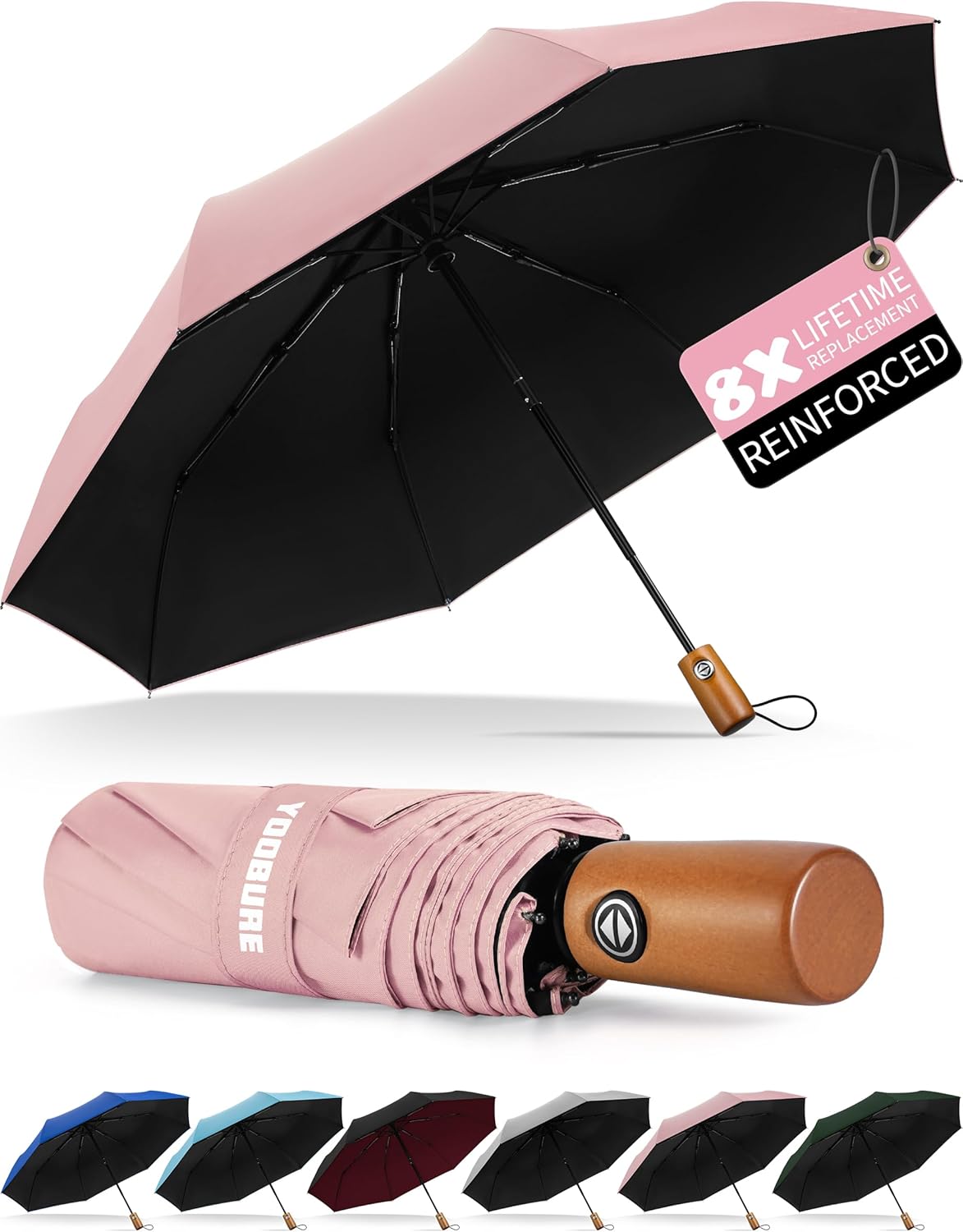 Yoobure Windproof Travel Umbrella with Wooden Handle