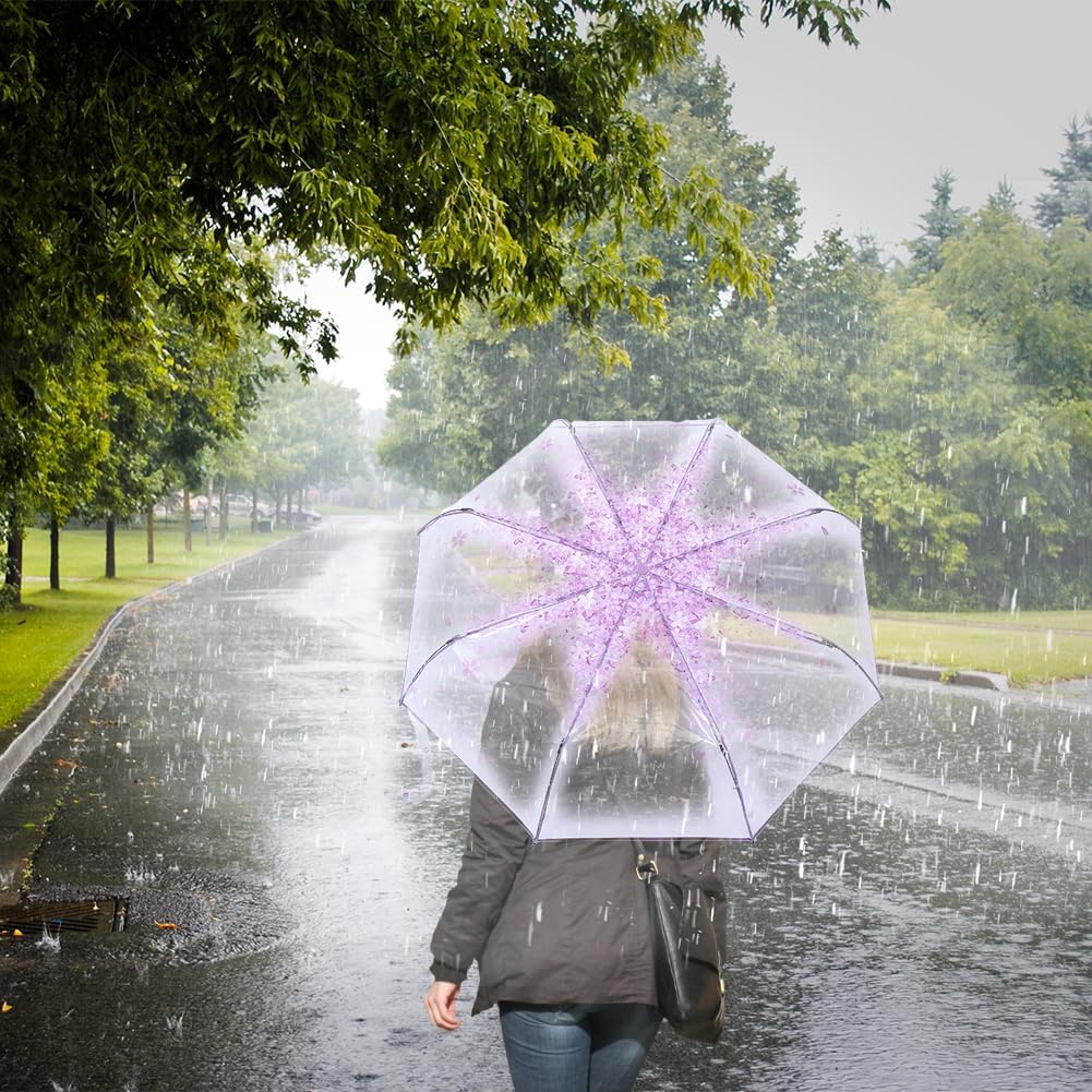 Tiiyee Clear Folding Purple Cherry Blossom Umbrella for Women Girls Kids