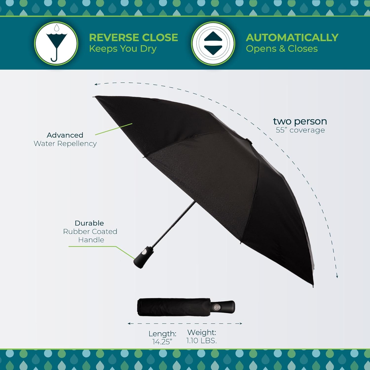 Totes Reverse Close Folding Inbrella with Auto Open Close Windproof Black