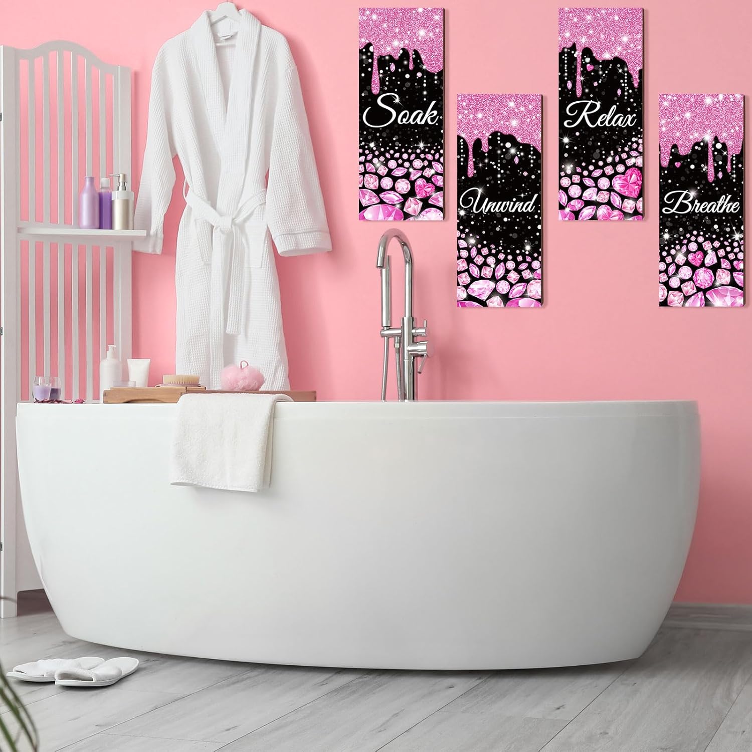 Sivak 4 Pcs Glitter Diamond Pink Black Wall Decor Signs