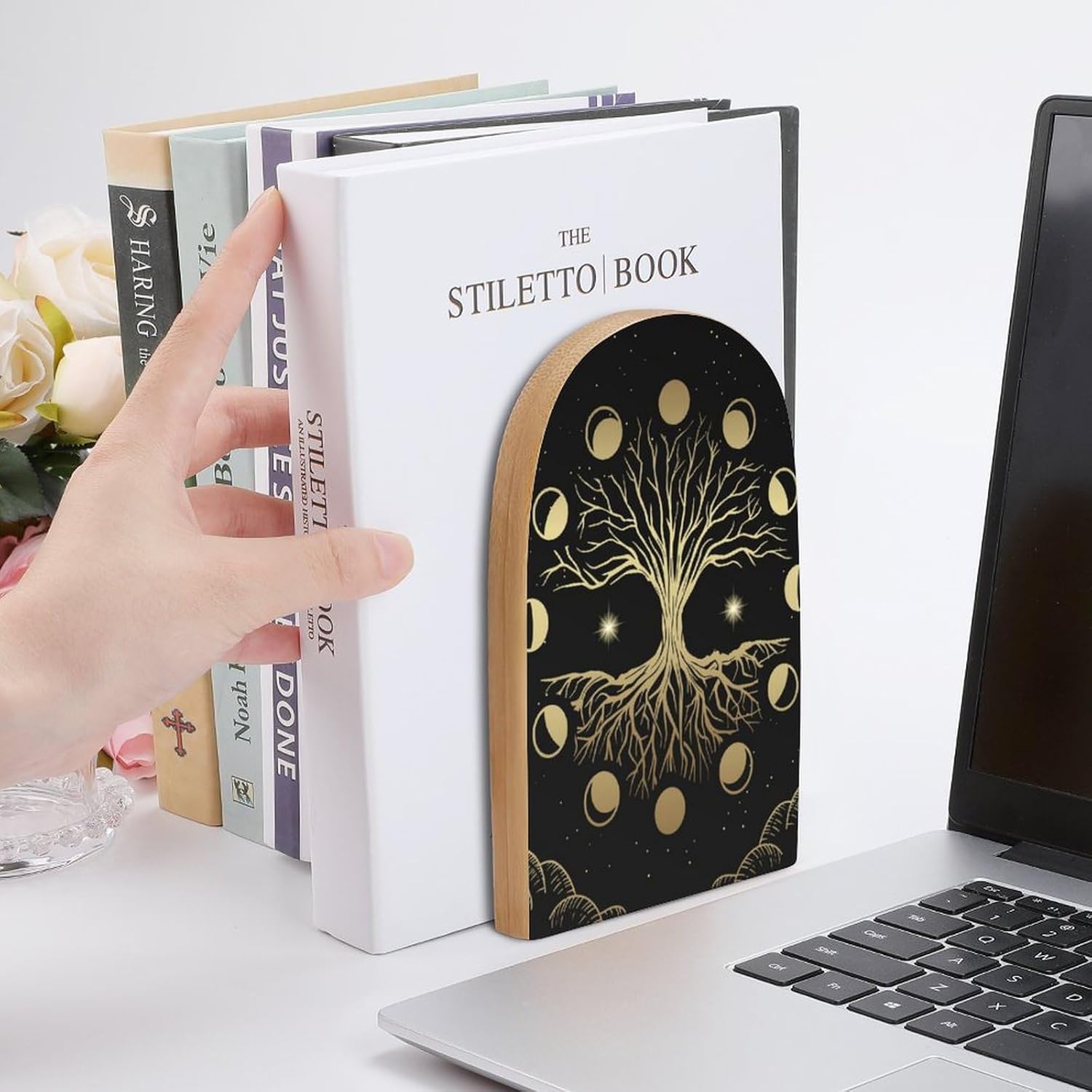 Sacred Tree Life Moon Print Bookends with Non-Skid Pads 1 Pair