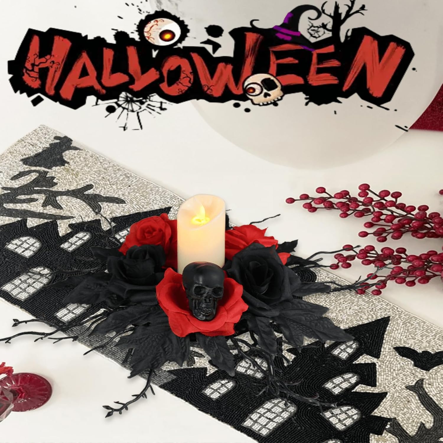 Gothic 16-Inch Skull Candle Holder with Red Rose