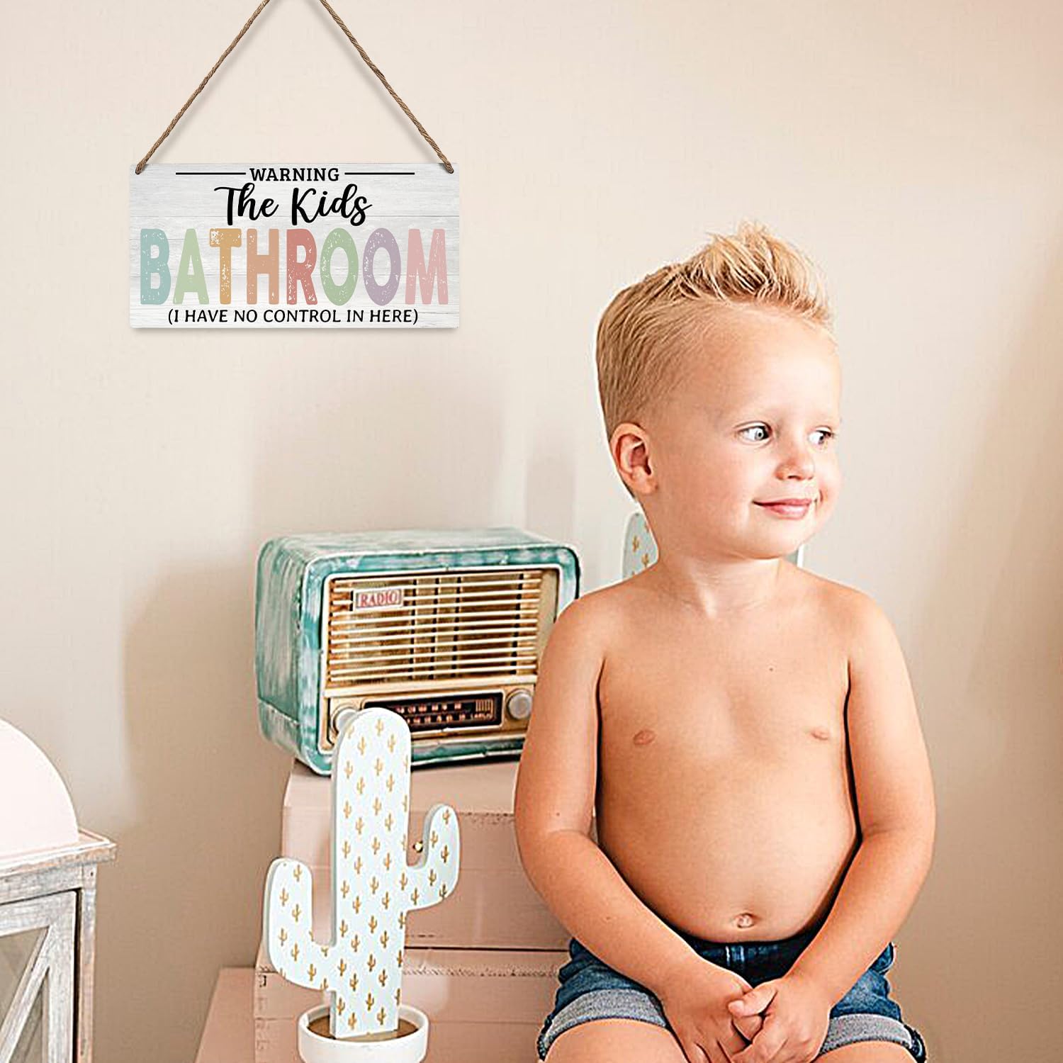 JXREQ Wooden Bathroom Signs 12x6 Inch for Kids