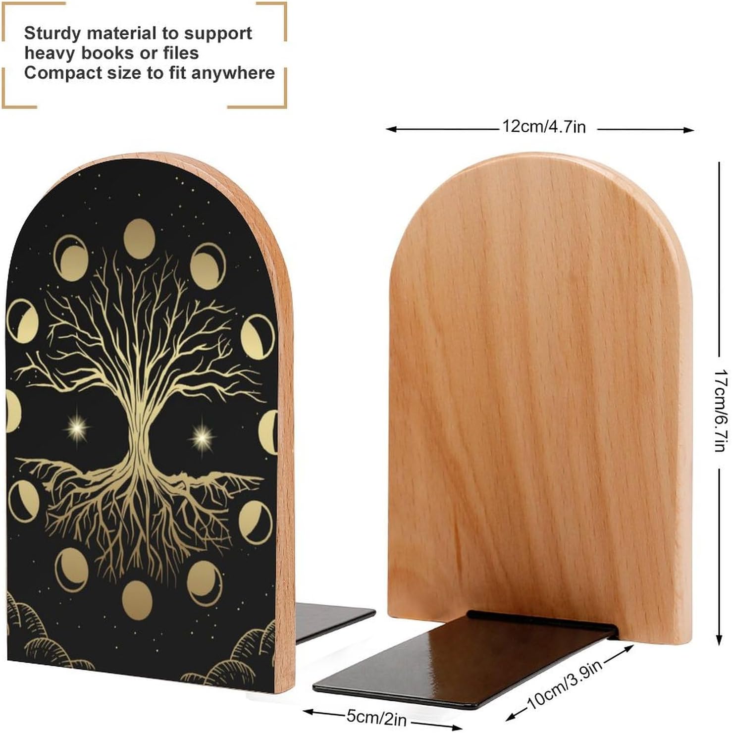 Sacred Tree Life Moon Print Bookends with Non-Skid Pads 1 Pair