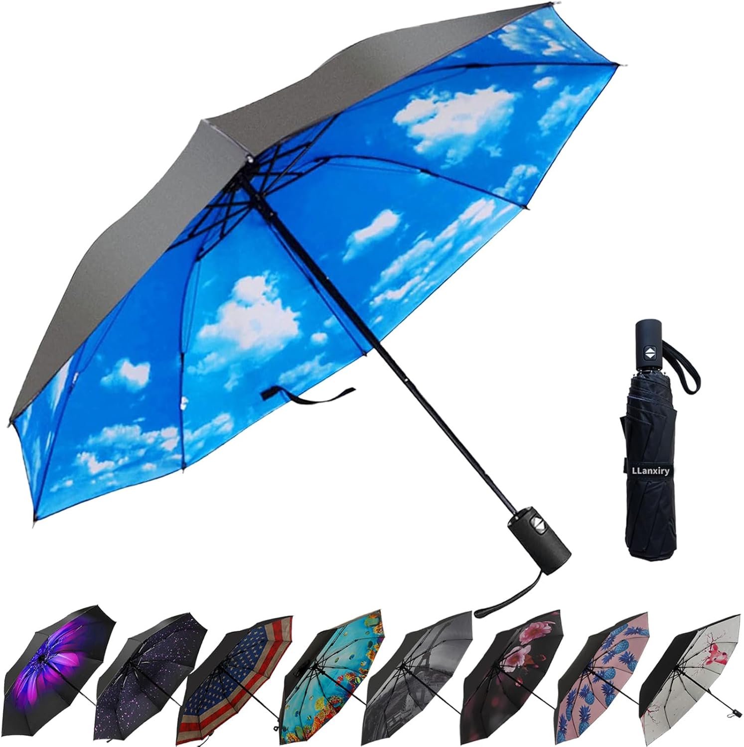 LLanxiry Compact Travel Umbrella Windproof Waterproof Stick Umbrella with Anti-UV Protection