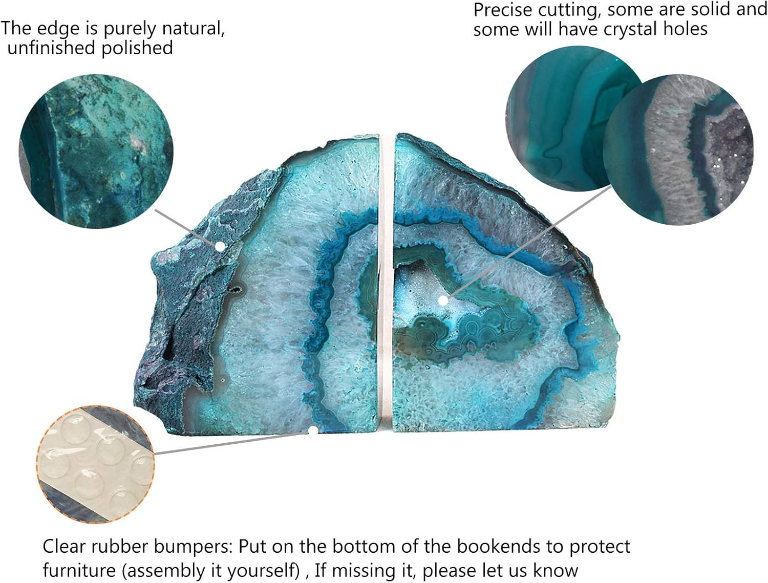 AMOYSTONE Teal Agate Geode Bookends 2-3 LBS with Rubber Bumpers
