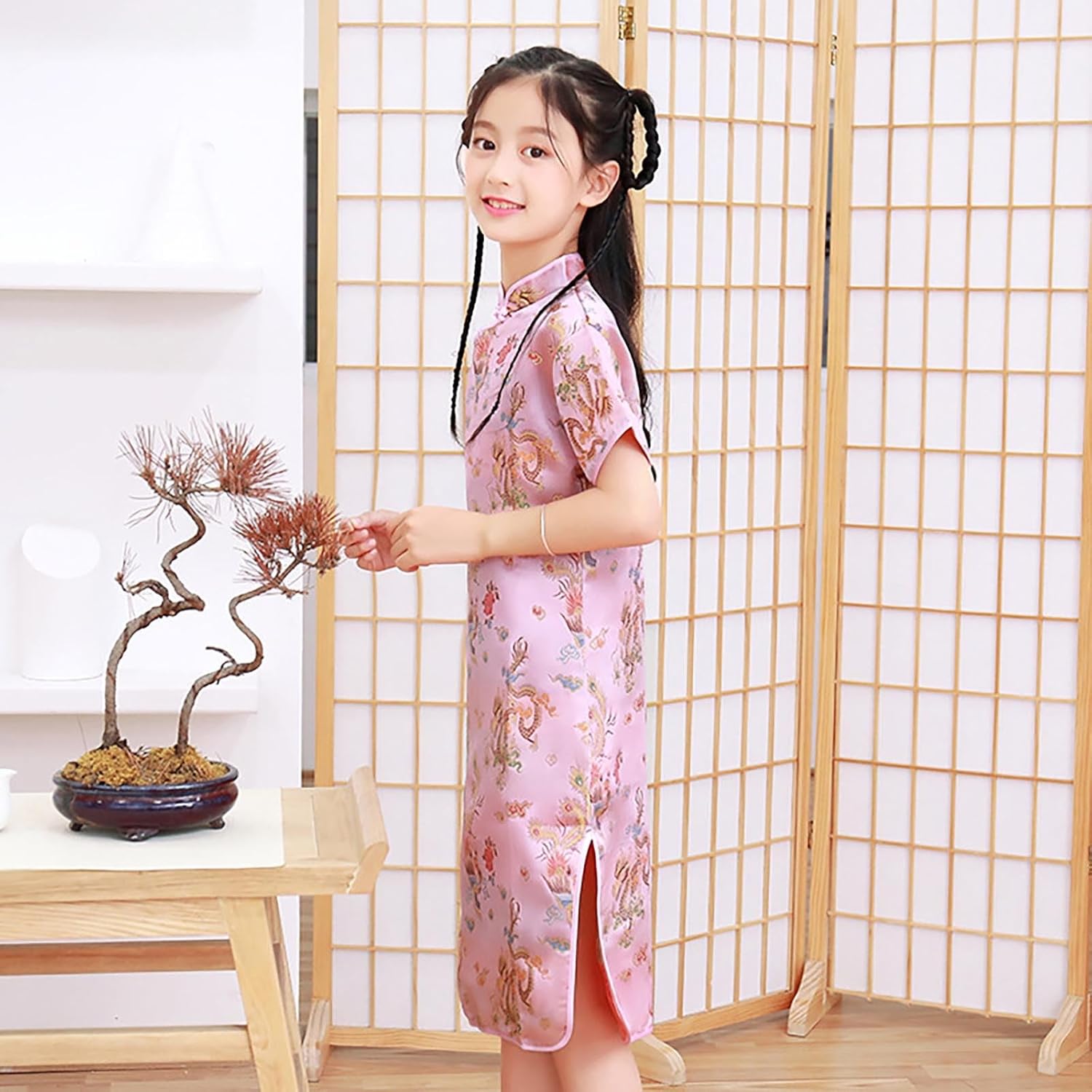 Girls Dragon Pattern Qipao Dress Birthday Party Wedding