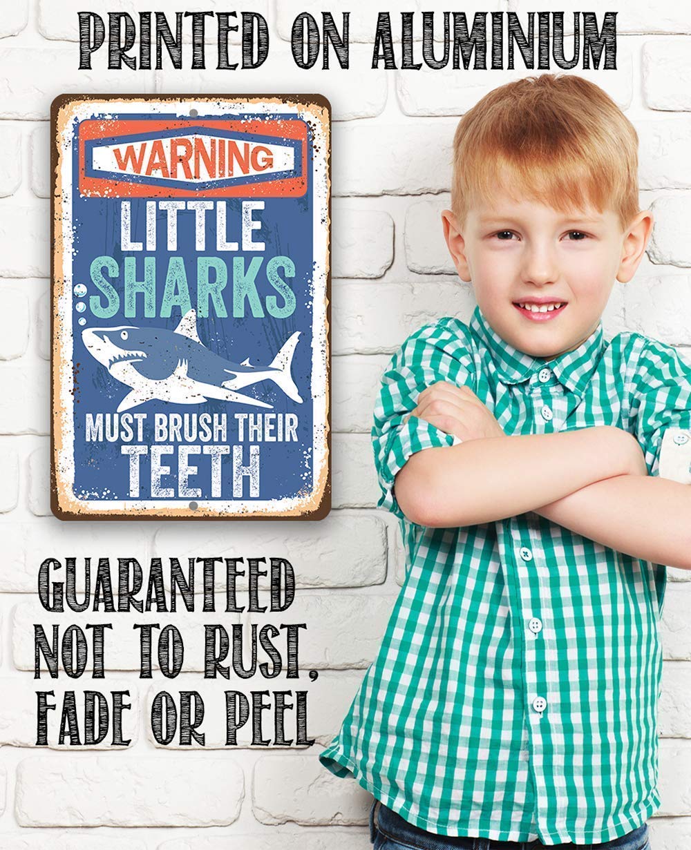 Little Sharks Brush Teeth Wall Art - Durable Rustic Metal Sign