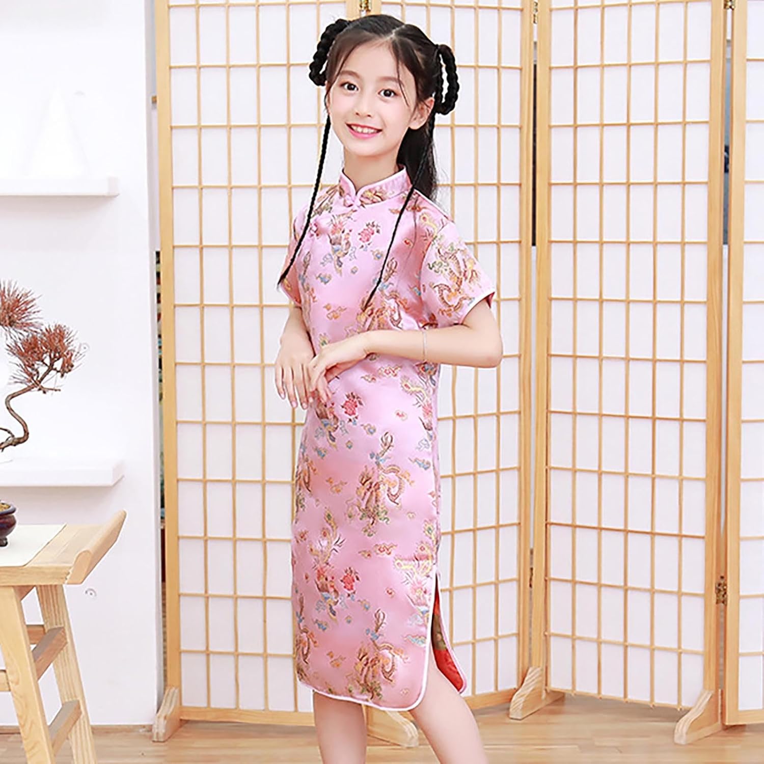 Girls Dragon Pattern Qipao Dress Birthday Party Wedding