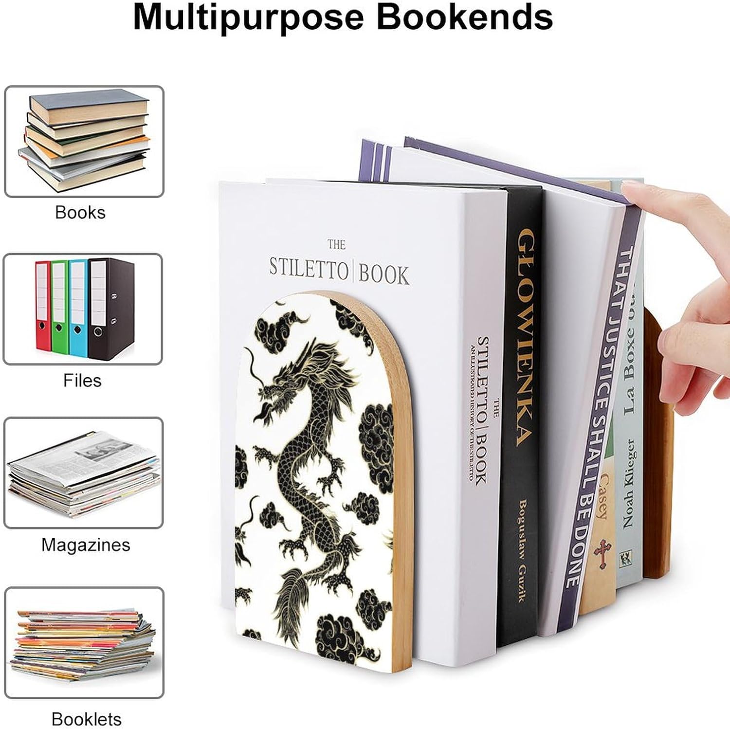 Heavy Duty Wooden Bookends with Metal Base for Home Office