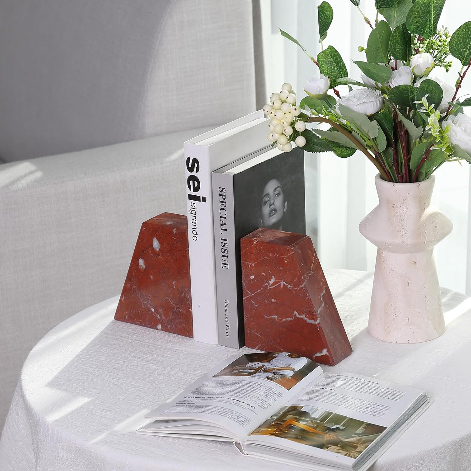 Koville Red Marble Bookends for Heavy Books