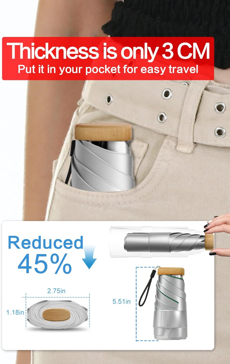 Moorrlii Mini Travel Folding Umbrella - UPF 50 UV Protection