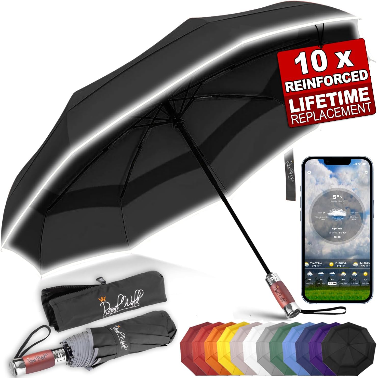 Royal Walk Windproof Folding Travel Umbrella with Real Wood Handle 1