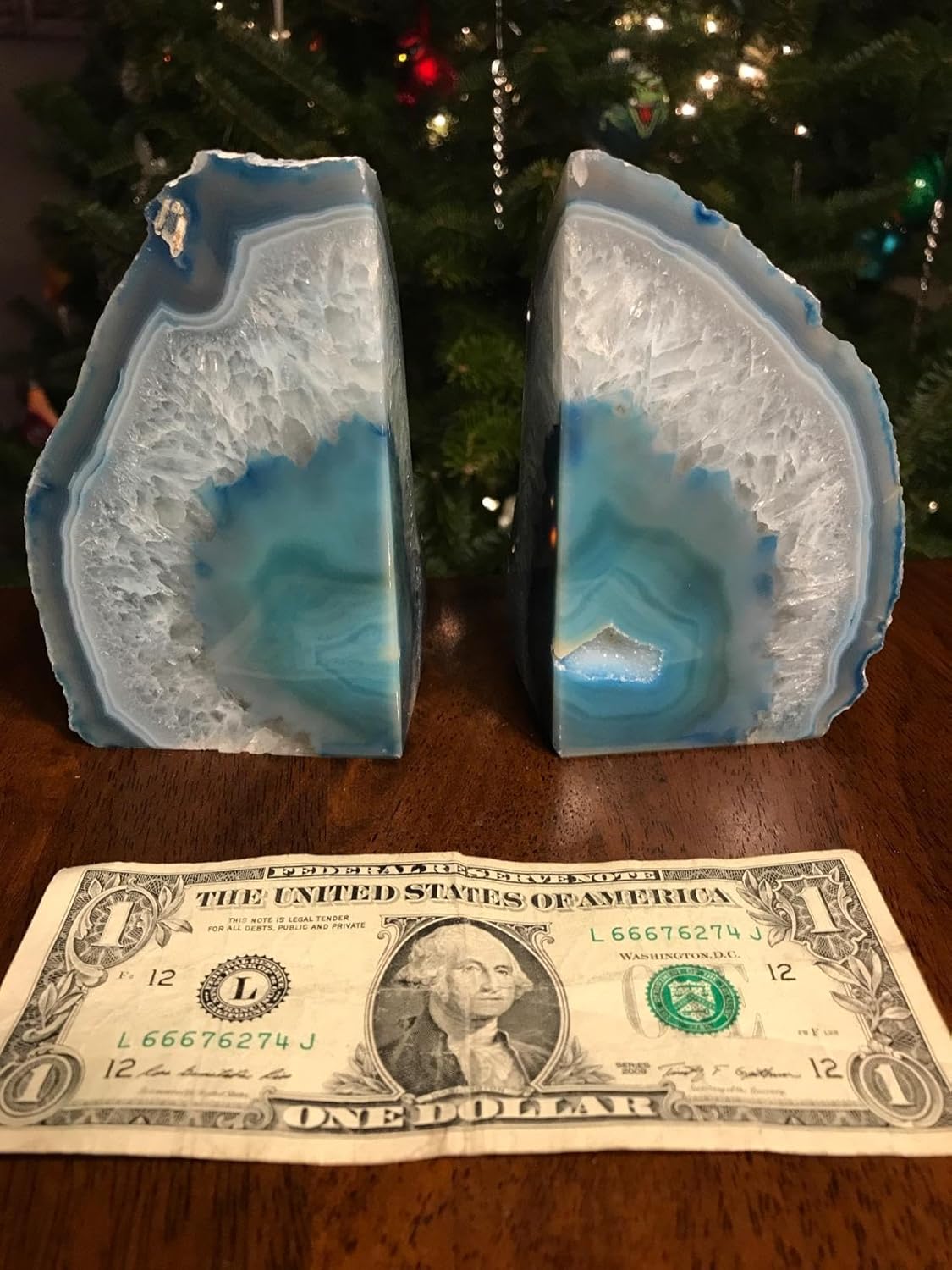 AMOYSTONE Teal Agate Geode Bookends 2-3 LBS with Rubber Bumpers