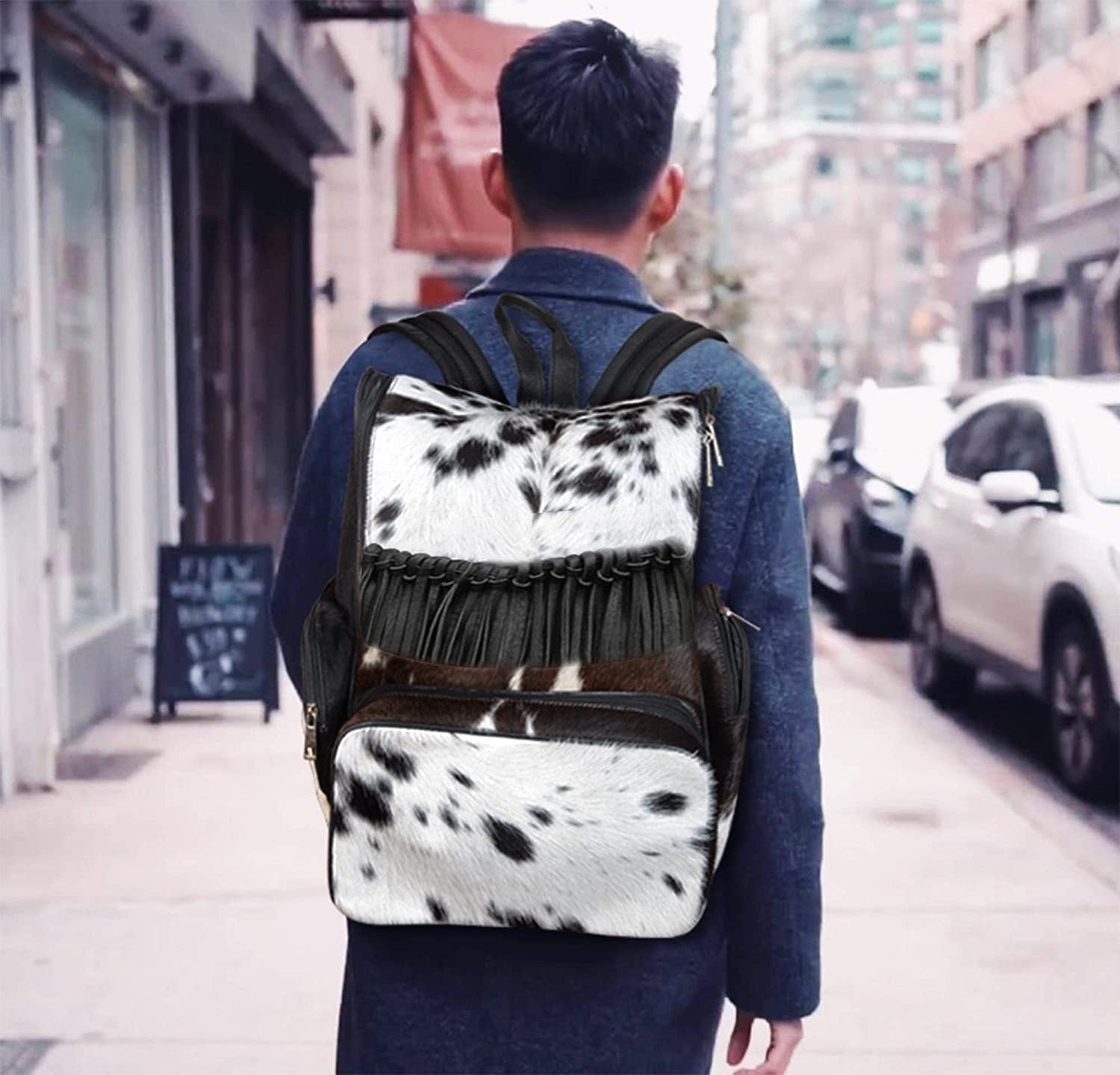 LP-FACON Cowhide Cow Skin Print Western Diaper Backpack Black