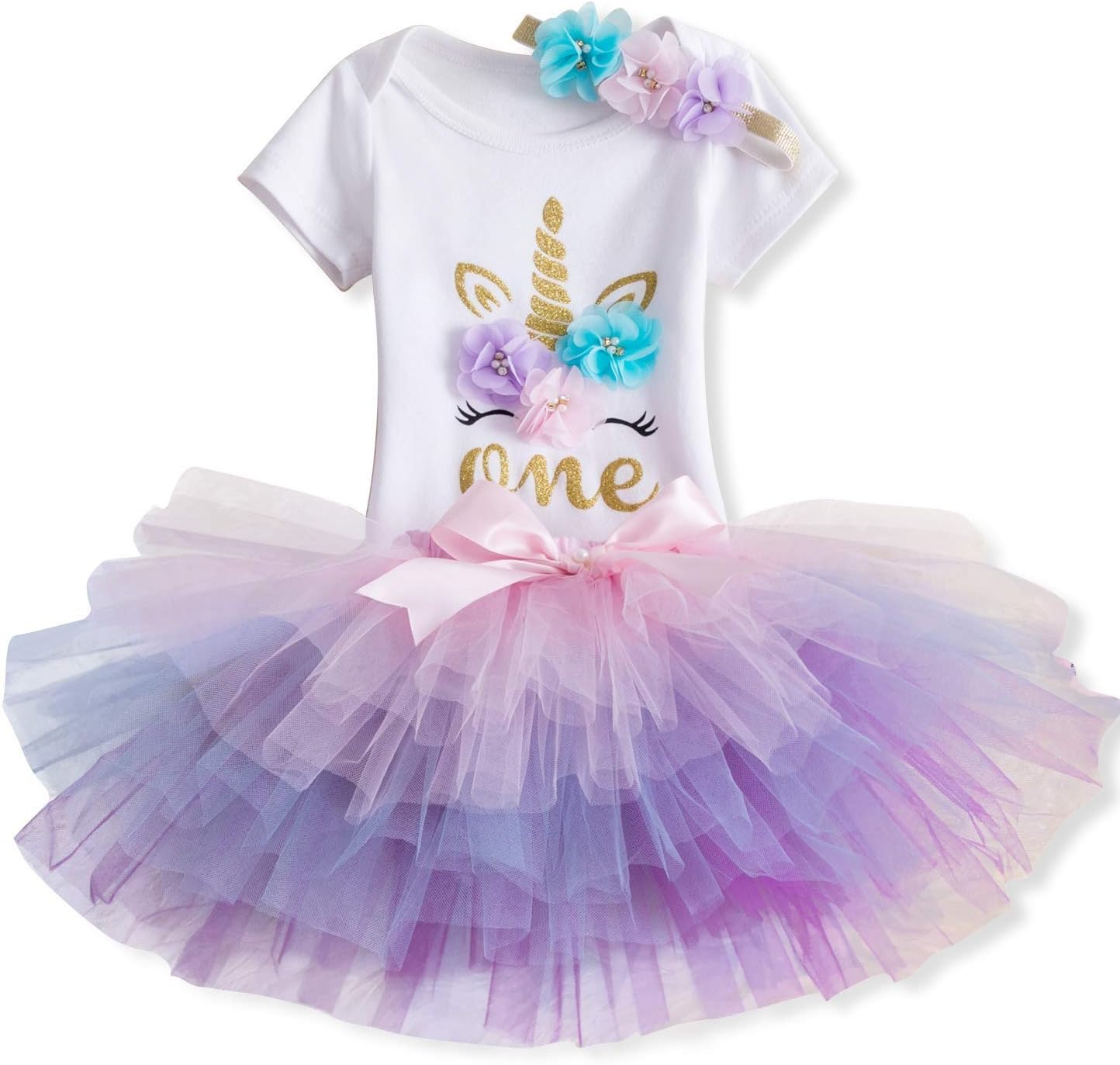 NEWEPIE Rainbow Unicorn Baby Birthday Costume 3pcs Set