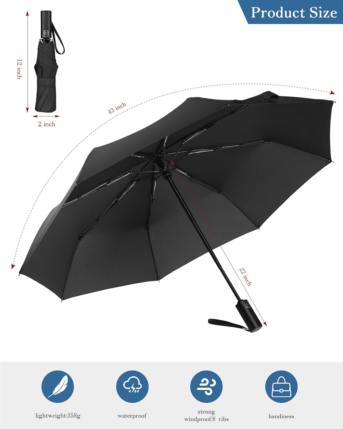POKIXY Automatic Travel Umbrella - Compact Windproof UV Protection