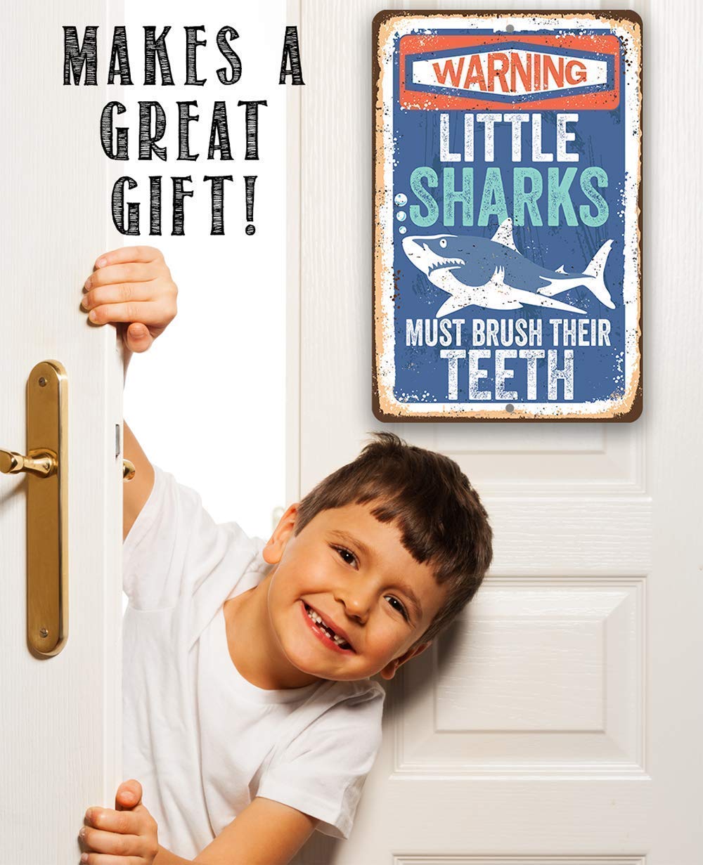 Little Sharks Brush Teeth Wall Art - Durable Rustic Metal Sign