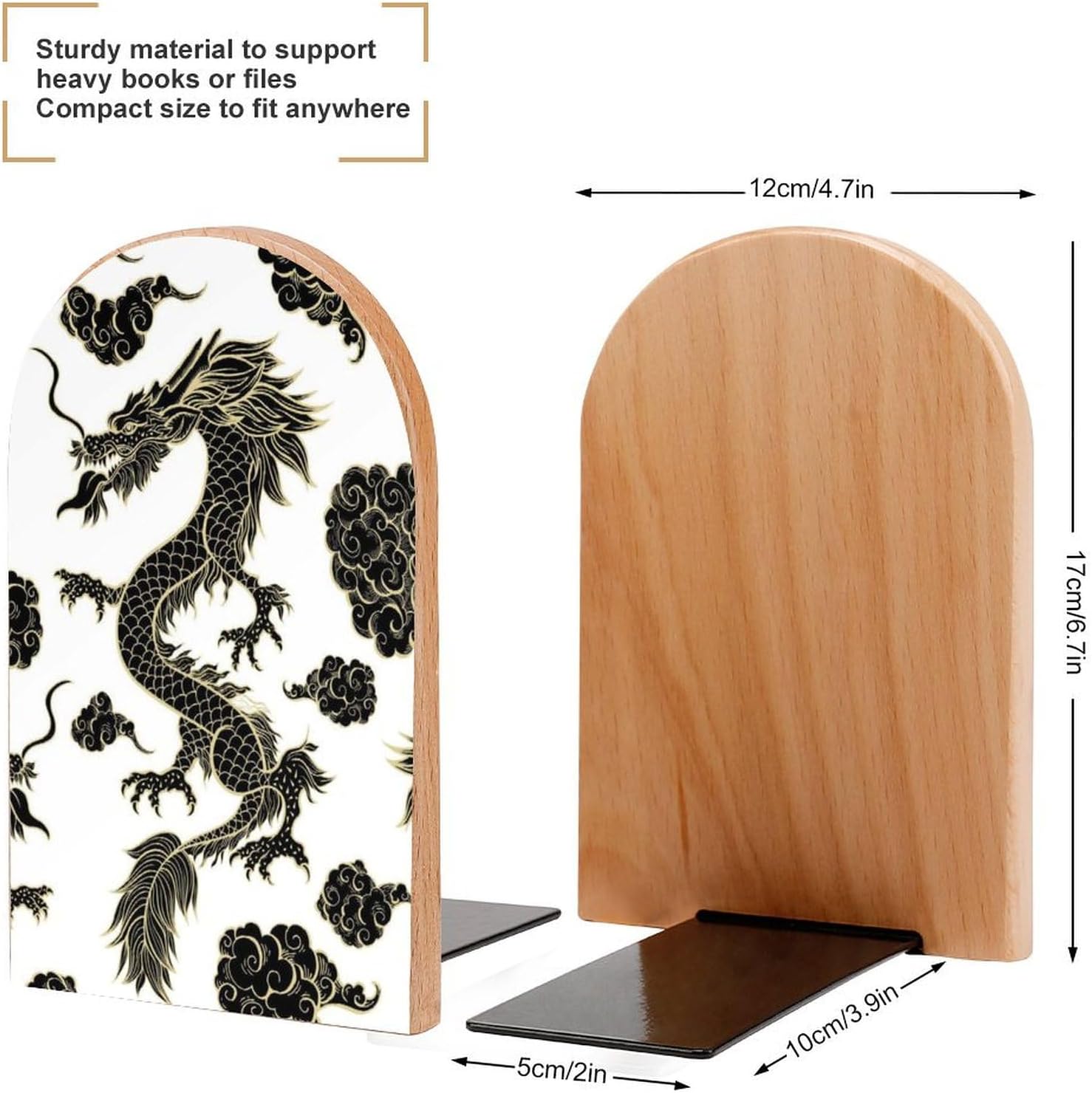 Heavy Duty Wooden Bookends with Metal Base for Home Office