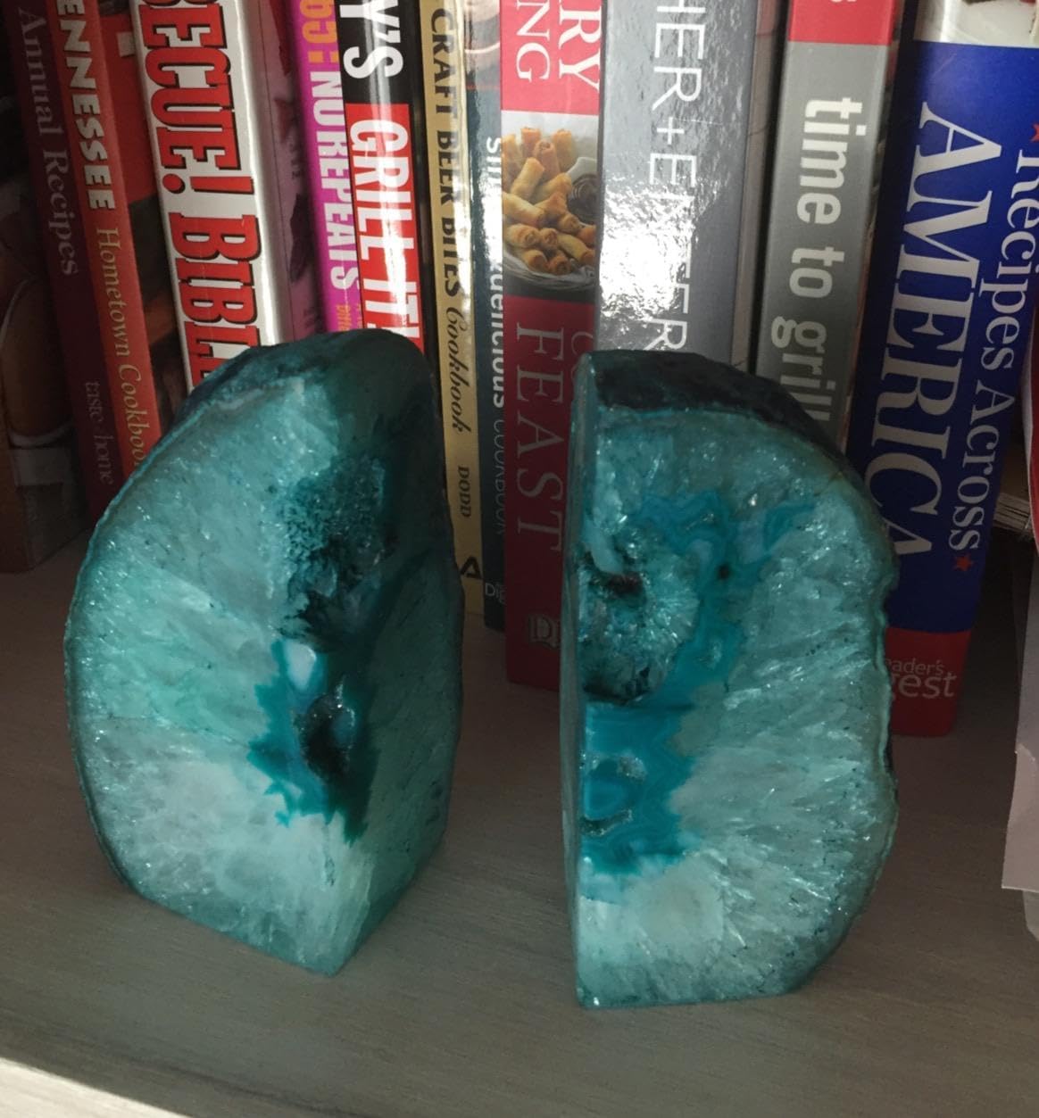 AMOYSTONE Teal Agate Geode Bookends 2-3 LBS with Rubber Bumpers